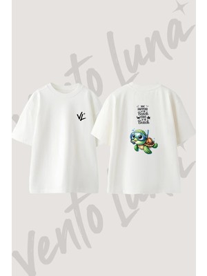 Dalgic Kaplumbaga Tasarım Sırt Baskılı Pamuk Beyaz Oversize T-Shirt