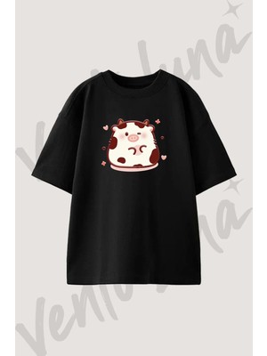 Cute Cow_2 Tasarım Baskılı Unisex Oversize Kalıp Siyah Tshirt