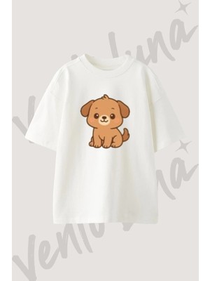 Cute Puppy_1 Tasarım Baskılı Unisex Oversize Kalıp Beyaz Tshirt