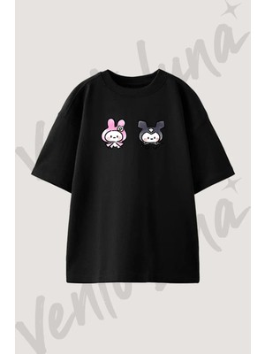 My Melody Kuromi Tasarım Baskılı Unisex Oversize Kalıp Siyah Tshirt