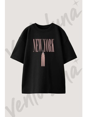 New York Empire State Tasarım Baskılı Unisex Oversize Kalıp Siyah Tshirt