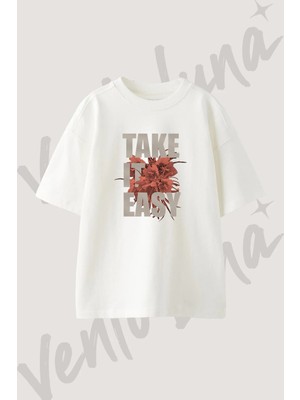 Slogan Cicek Tasarım Baskılı Unisex Oversize Kalıp Beyaz Tshirt