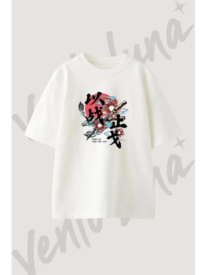 Kanji Kilic Sakura Tasarım Baskılı Unisex Oversize Kalıp Beyaz Tshirt