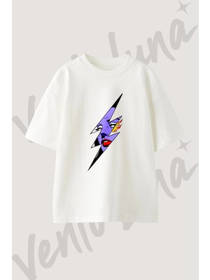 Crying Lightning Tasarım Baskılı Unisex Oversize Kalıp Beyaz Tshirt