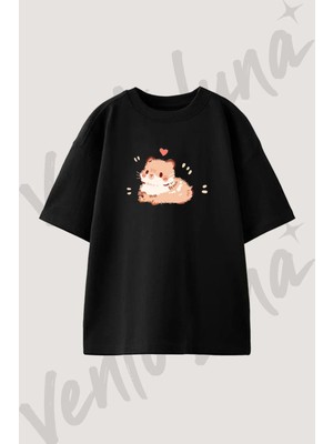 Cute Hamster Tasarım Baskılı Unisex Oversize Kalıp Siyah Tshirt