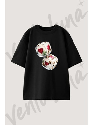 Hearts Clovers Dice Tasarım Baskılı Unisex Oversize Kalıp Siyah Tshirt