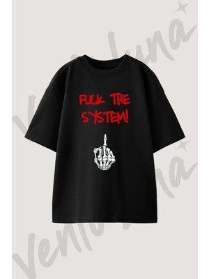 Iskelet Orta Parmak Tasarım Baskılı Unisex Oversize Kalıp Siyah Tshirt