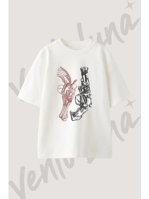 Iskelet Silah Tasarım Baskılı Unisex Oversize Kalıp Beyaz Tshirt