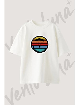 Parachutist Sunset Tasarım Baskılı Unisex Oversize Kalıp Beyaz Tshirt