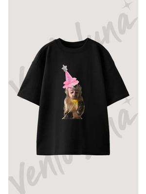 Monkey Party Hat Tasarım Baskılı Unisex Oversize Kalıp Siyah Tshirt