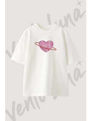 Heart Planet Tasarım Baskılı Unisex Oversize Kalıp Beyaz Tshirt