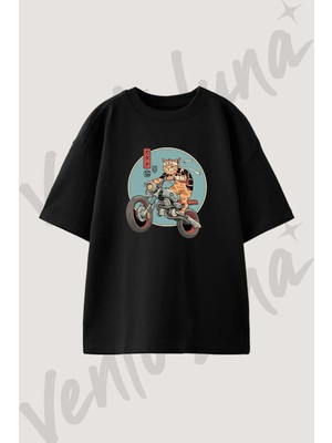Neko Biker Tasarım Baskılı Unisex Oversize Kalıp Siyah Tshirt