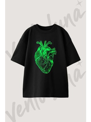 Neon Anatomik Kalp Tasarım Baskılı Unisex Oversize Kalıp Siyah Tshirt