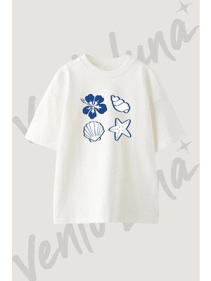 Hibiscus Deniz Kabugu Yildiz Tasarım Baskılı Unisex Oversize Kalıp Beyaz Tshirt