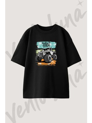 Monster Jeep Tasarım Baskılı Unisex Oversize Kalıp Siyah Tshirt