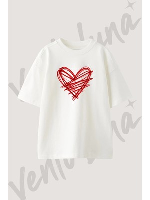 Scribble Heart_1 Tasarım Baskılı Unisex Oversize Kalıp Beyaz Tshirt