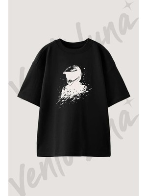 Motorcu Kask_1 Tasarım Baskılı Unisex Oversize Kalıp Siyah Tshirt