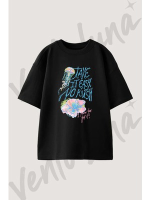 Jellyfish Flower Tasarım Baskılı Unisex Oversize Kalıp Siyah Tshirt