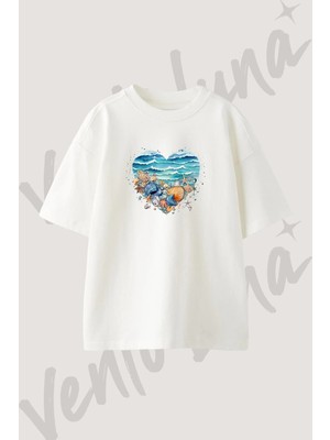Seashell Heart_1 Tasarım Baskılı Unisex Oversize Kalıp Beyaz Tshirt
