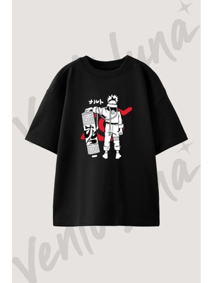 Naruto Uzumaki_1 Tasarım Baskılı Unisex Oversize Kalıp Siyah Tshirt