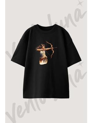 Kadin Okcu Tasarım Baskılı Unisex Oversize Kalıp Siyah Tshirt