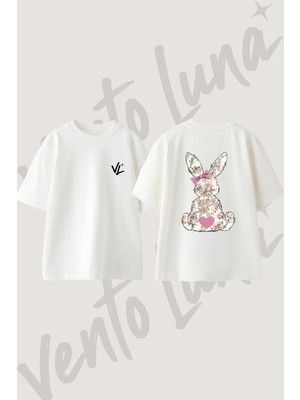 Bunny Rose Tasarım Sırt Baskılı Pamuk Beyaz Oversize T-Shirt