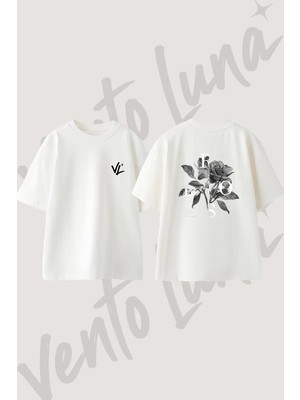 Black Rose Tasarım Sırt Baskılı Pamuk Beyaz Oversize T-Shirt