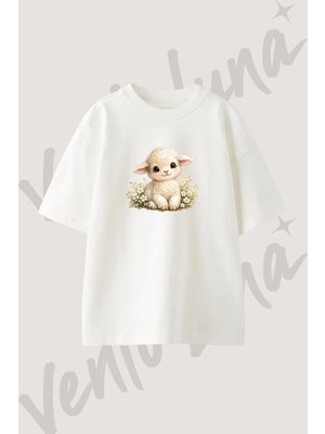 Cute Lamb Tasarım Baskılı Unisex Oversize Kalıp Beyaz Tshirt