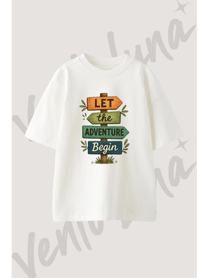 Adventure Sign_1 Tasarım Baskılı Unisex Oversize Kalıp Beyaz Tshirt