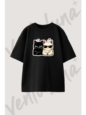 Anime Kedi Gozluk Tasarım Baskılı Unisex Oversize Kalıp Siyah Tshirt