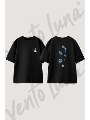 Deniz Hayvanlari Suluboya Tasarım Sırt Baskılı Pamuk Siyah Oversize T-Shirt
