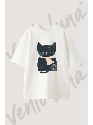 Kara KEDI_11 Tasarım Baskılı Unisex Oversize Kalıp Beyaz Tshirt