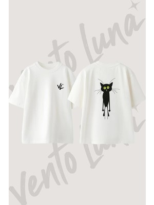 Black Cat_5 Tasarım Sırt Baskılı Pamuk Beyaz Oversize T-Shirt