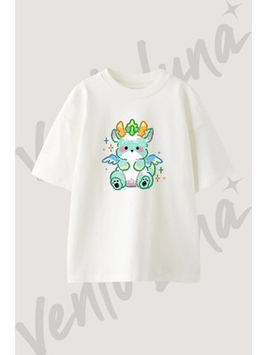 Cute Dragon Tasarım Baskılı Unisex Oversize Kalıp Beyaz Tshirt