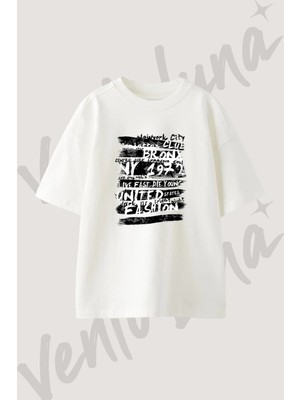 Ny Street Art Tasarım Baskılı Unisex Oversize Kalıp Beyaz Tshirt