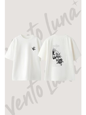 Black White Lily Tasarım Sırt Baskılı Pamuk Beyaz Oversize T-Shirt