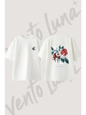 Botanical Red Rose Tasarım Sırt Baskılı Pamuk Beyaz Oversize T-Shirt