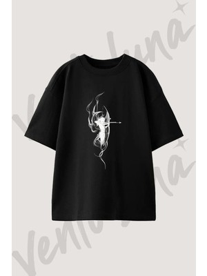 Archer Silhouette Tasarım Baskılı Unisex Oversize Kalıp Siyah Tshirt