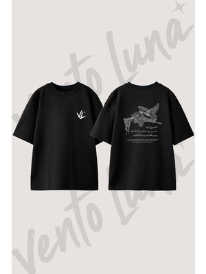 Guvercin Tufek Tasarım Sırt Baskılı Pamuk Siyah Oversize T-Shirt