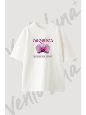 Orchid Tasarım Baskılı Unisex Oversize Kalıp Beyaz Tshirt