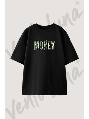 Money Art Tasarım Baskılı Unisex Oversize Kalıp Siyah Tshirt