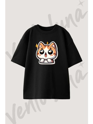Anime Kedi_4 Tasarım Baskılı Unisex Oversize Kalıp Siyah Tshirt