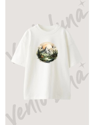 Karli Dag Manzarasi Tasarım Baskılı Unisex Oversize Kalıp Beyaz Tshirt