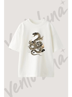 Asya Yilan Tasarım Baskılı Unisex Oversize Kalıp Beyaz Tshirt