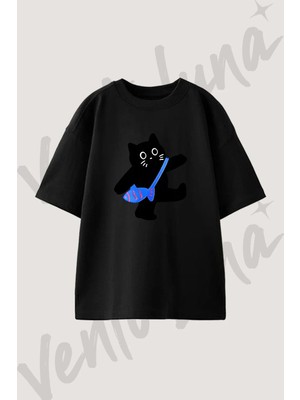 Anime Kedi Tasarım Baskılı Unisex Oversize Kalıp Siyah Tshirt