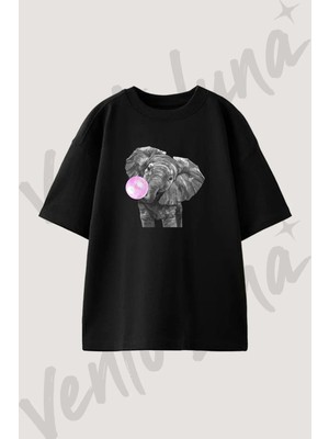 Baby Elephant Bubblegum Tasarım Baskılı Unisex Oversize Kalıp Siyah Tshirt