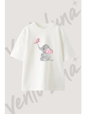 Baby Elephant Butterfly Tasarım Baskılı Unisex Oversize Kalıp Beyaz Tshirt