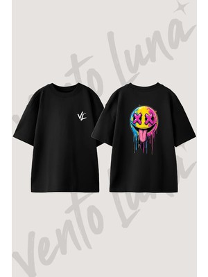 Graffiti Smiley Tasarım Sırt Baskılı Pamuk Siyah Oversize T-Shirt