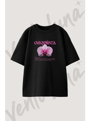 Orchid Tasarım Baskılı Unisex Oversize Kalıp Siyah Tshirt