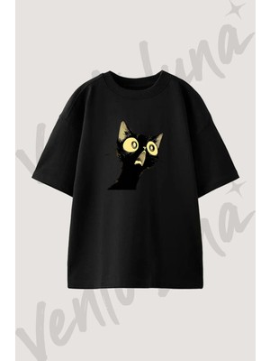 Anime Cat Tasarım Baskılı Unisex Oversize Kalıp Siyah Tshirt